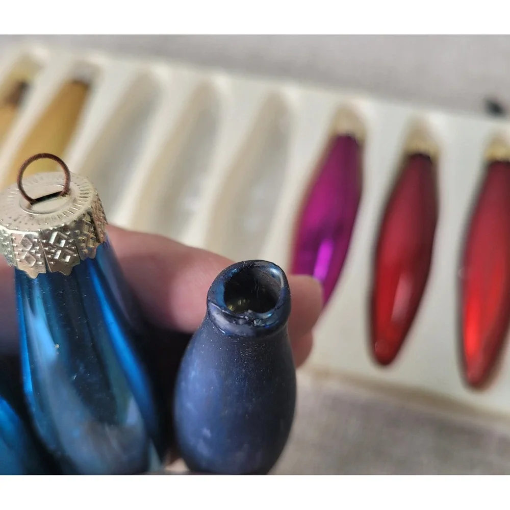 Vintage Glass Christmas Ornaments Teardrop Torpedo Jewel Tone Mixed Set of 9